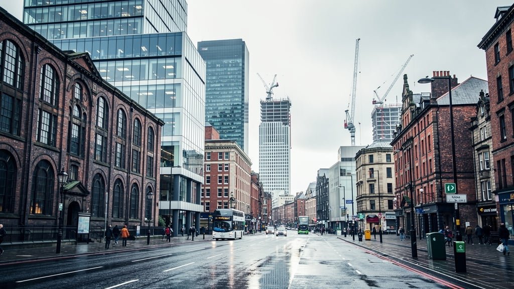 Manchester city center with modern regeneration and industrial heritage